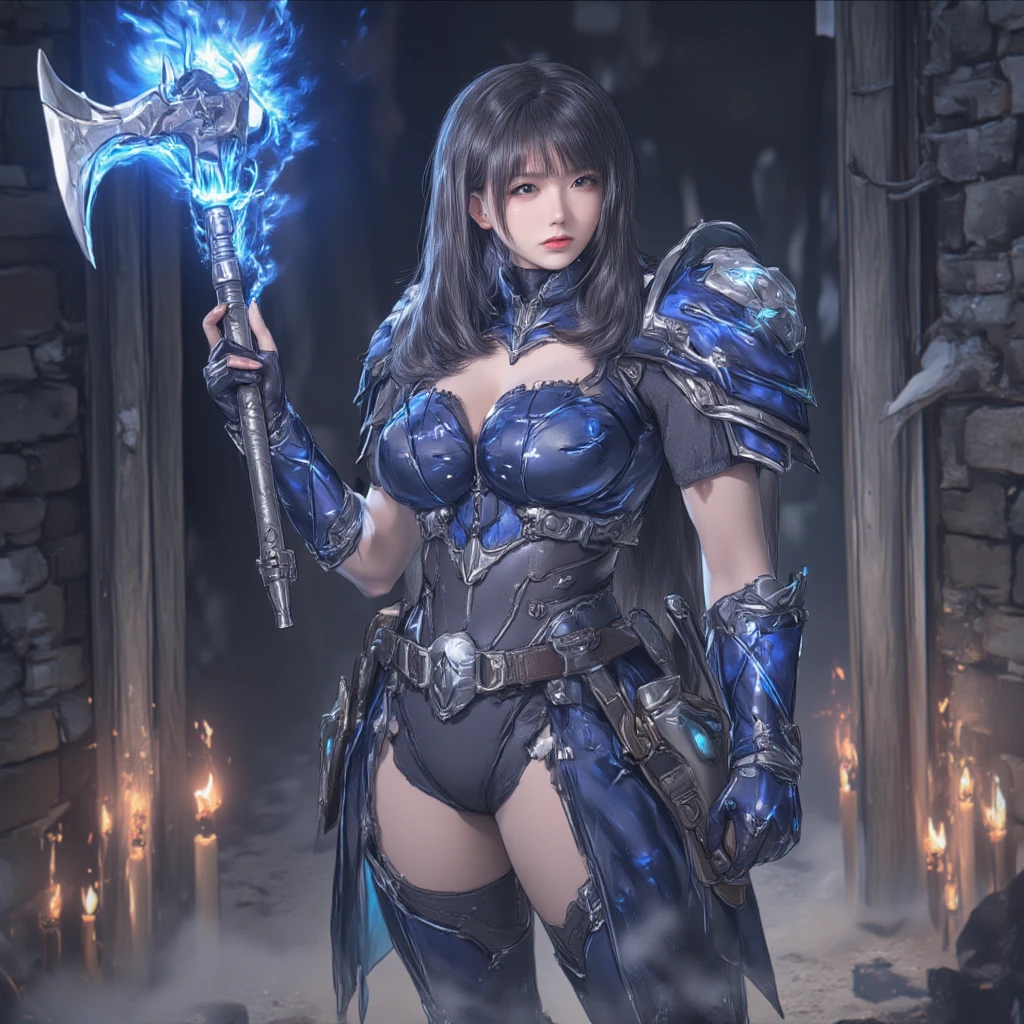 Illustrate Lillia in her 'Hextech' skin from League of Legends by Riot Games,massive k-cups,She’s adorned in high-tech, steampunk-inspired armor with glowing blue crystals, featuring mechanical antlers, a dress with intricate gear patterns, and a staff that pulses with hextech energy, showcasing her advanced technological prowess.