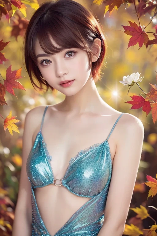 Dreamy atmosphere, High Contrast, Ultra Sharp, Studio shot、Upper body portrait、Angle from below、(Tiny glitter red Bikini:1.4), (Big and ample breasts:1.4), Focus on the chest、Slim Body Enhancement、Realistic、Realistic、Highly detailed cute girl、alone、18-year-old、Japanese、Melancholic expression, Big and ample breasts、Brown Hair、Medium shaggy cut hair, vivid blue and red multicolor wallpaper for background、Out of focus、Blur、