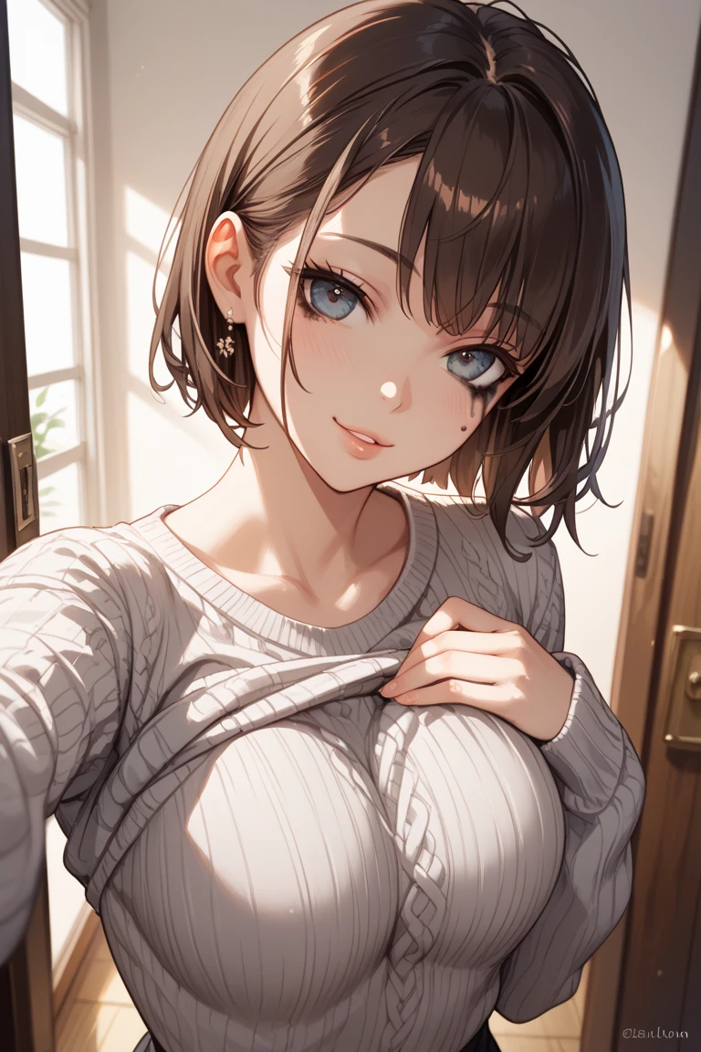 Character Details:, - Gender: 1 Girl. - Style: Anime, - Body Type: Attractive body, slim body, nice legs, slim tights, nice arms, nice shoulders. - Breast: (Small Breast:1.1), (Cleavage), (Nipple). - Facial Feature: Beautiful, Gorgeous, Teenager, Fresh, Young. - Expression: Shy, Smile, Horny, Pink Blush on Face, Sleepy, Sexy Eyes, Sexy Look, (Sweating:1.2), Innocent Look, Tipsy. - Hairstyle: Blunt Bangs, (Short Hair:1.4), - Clothing: (Sweater:1.6), (Off-Shoulder:1.3),. - Body Pose: (Kneel:1.2),. - Behaviour: Waiting, Want Something, Secretly. - Accessories: Earrings., Environmental Details:, - Setting: Bed Room., - Lighting: Natural Light, - Decoration: Modern Bed, Chair, Window, White Curtain, City View. Top view. pov, anime style, UHD, retina, masterpiece, accurate, anatomically correct, texture