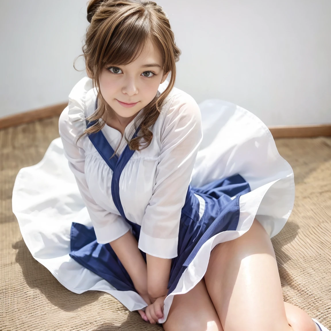 (big smile:1.3),(happy smile:1.3),(sexy panties:1.3),(white panties:1.2),(realistic silk panties:1.3), (Big eyes:1.2),(double eyelids:1.3),(long eyelashes:1.3),Japanese school uniform,(Looking directly at Viewer:1.3),32K, masterpiece, Raw photo, Best Quality, Photorealistic, Highly detailed CG Unity 32K wallpaper,(Extremely beautiful face, Beautiful lips, Beautiful eyes, beautiful teeth), intricate detailed face, ((Ultra detailed skin)) 1girl in, Cutest Pretty Japanese girl, Super idol, 1 girl,(Happy smile), Clear eyes, (pale skin), (Brown hairs), thick thighs, ,balanced elegant face, drooping eyes