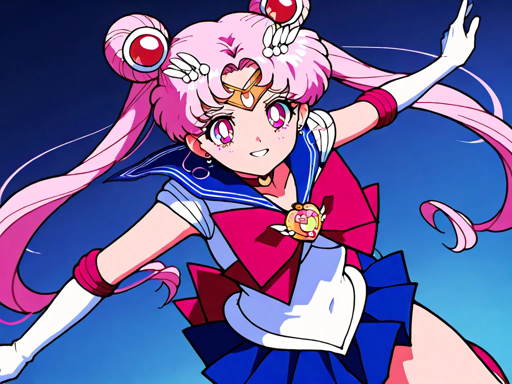 obra maestra, Mejor calidad, absurdos, perfect anatomy, 1 chica, Solo, SMMoon, 1990s \(Estilo\), Sailor Chibi Luna Cabello Rosa, pupilas rosadas ojos, subir las escaleras, de cerca, Sonrisa, tiro de vaquero, Uniforme Sailor Senshi Rosa, Collar marinero rosa, falda plisada rosa, guantes de codo, en postura de espalda, Show off your loot, backward, No hay tanga en un gran trasero, cuerpo completo, aausagi, de cerca booty, PUNTO DE VISTA DE ABAJO A ARRIBA