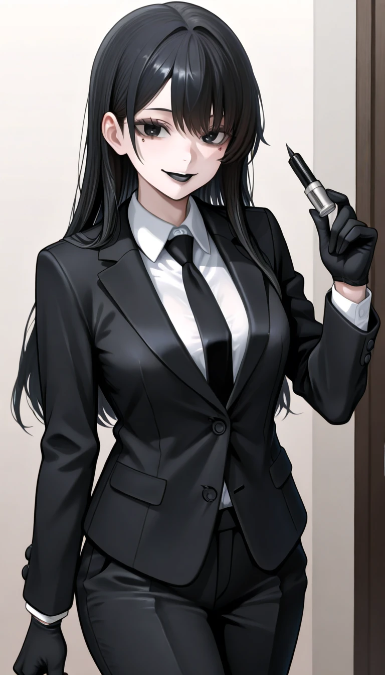 a crazy looking girl in a suit with a glitching effect in black and white