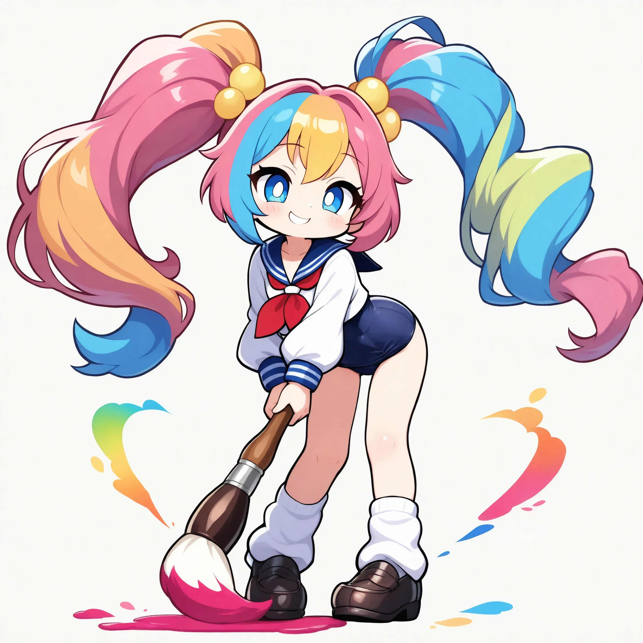 1 woman, Pretty beautiful girl, ((deform, word, wordスタイル, kawaii)), (woman holding a life-size brush, School girl, JK), Colorful Hair Color, super long twin tails, (Smile Yan, in the evening, Leaning against brush), deform, (sailor suit, cropped tops, SCHOOL SWIMSUIT, loose socks, loafers), Full Body, colorful ink scattered on the ground, scene drawing on the ground with a giant brush, Lavish Atmosphere, Glamorous Light , brightly colored, white background, simple background, photogenic, super high resolution, (top quality, very detailed, CG illustration, soft focus, masterpiece, Best Aesthetics),