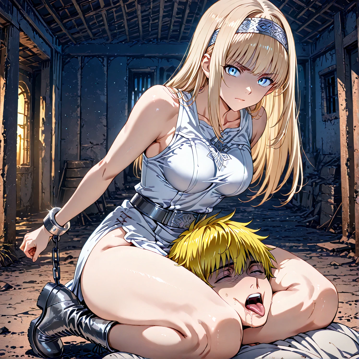 Nsfw, futanari penetrating female, nude,(((1girl,1futa, cowgirl sex on futanari, imminent vaginal )))，(((ripped panties, ripped bra))),Nsfw, sex, sensual scene,(((chain binding body:1.5))),(arms behind back return:1.3)，(sensual expression), restrained things ,restrained by chains, tightly shackled and confined ,collar around throat,  highest quality, High resolution, long hair, blue eyes, blonde hair, (large breasts:1.2), huge breasts, exposed breasts, futanari massive breasts, exposed genitalia, BREAK skirt, thighs highs, black stockings, Looking at the viewer, sensual scene, NSFW, 