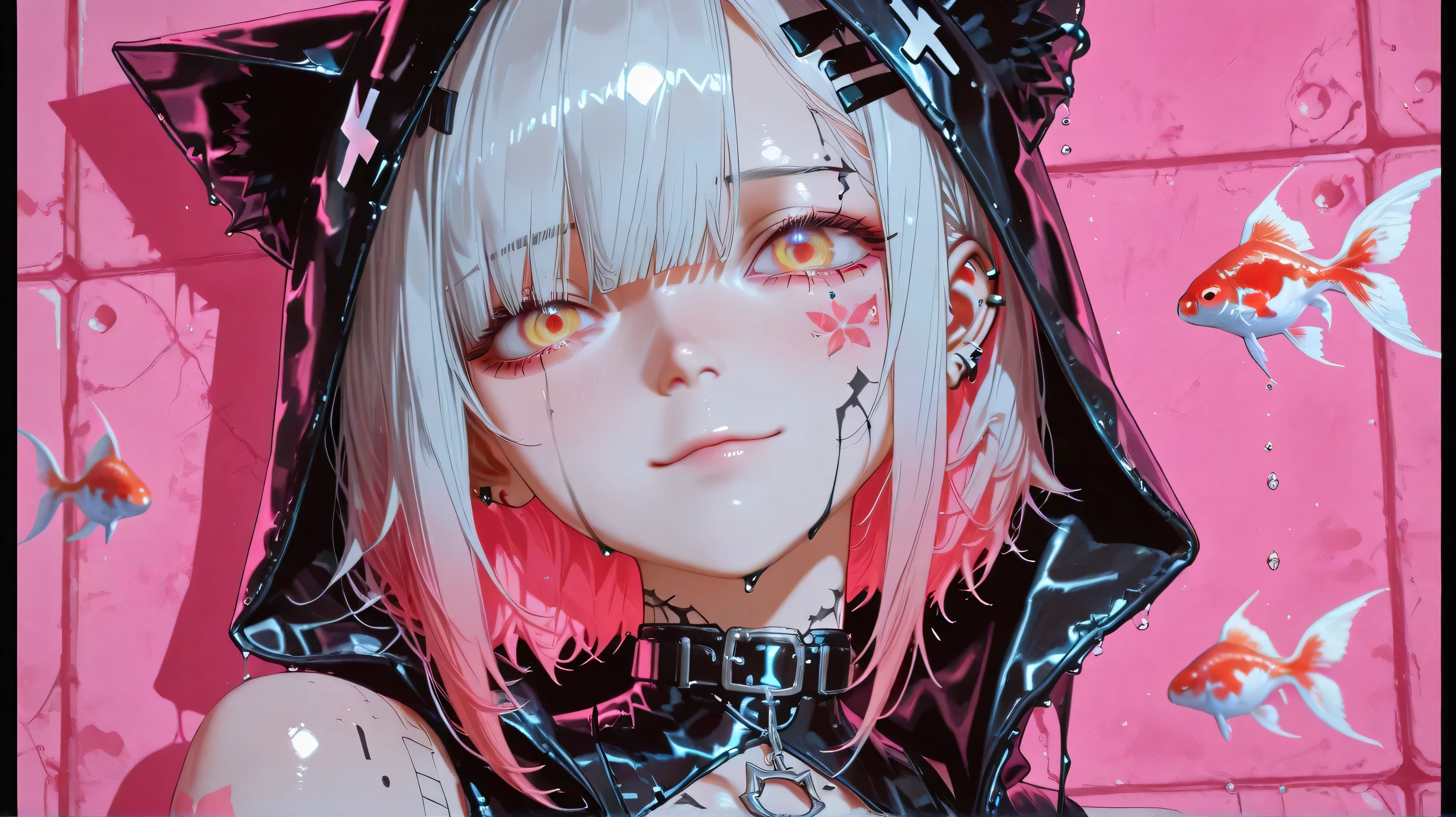 eyesHD ,high gradient eyes,detailed eyes,high definition eyes, Anime girl drawing:1.4, close-up of woman with tattoos on face and body , long bangs to eyebrows , The rain came down., It's shiny., reflective , Floating eyes looking at camera, , gloomy , Left eye dripping, with long false eyelashes , black eye border , Eyes below eyes, ศีรษะเอียงเล็กน้อยขึ้น มนุษย์Cat ears, with multiple piercings ;1,3 , Golden eyes, silver-haired, Brick background damp black rain, Cat ears, wearing leather hood Black with a ring-like cross ornament, shows bare shoulders with goldfish gull tattoo , pink background, Cyberpunk art inspired by Yanjun Cheng , Stream on CGSociety , Gothic Art, hyper-realistic cyberpunk style , cyberpunk art, cyberpunk style , realistic tall, Beautiful face of cyberpunk girl , Artwork in the style of Shrimp , Cyberpunk Art , Drawing of Ross 1 . 0, Ross painting 2 . 0