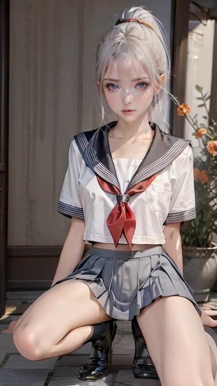 photorealistic, (hyperrealistic:1.2), (extremely detailed CG unity 8k wallpaper), (ultra-detailed), masterpiece, best quality, 1girl, sailor cosmos, standing, fullbody, solo, long hair, skirt, hair ornament, twintails, jewelry, purple eyes, white hair, pleated skirt, earrings, choker, sailor collar, hair bun, cape, character name, double bun, facial mark, white skirt, brooch, white sailor collar, hairpin, forehead mark, white choker, sailor senshi uniform, holding staff