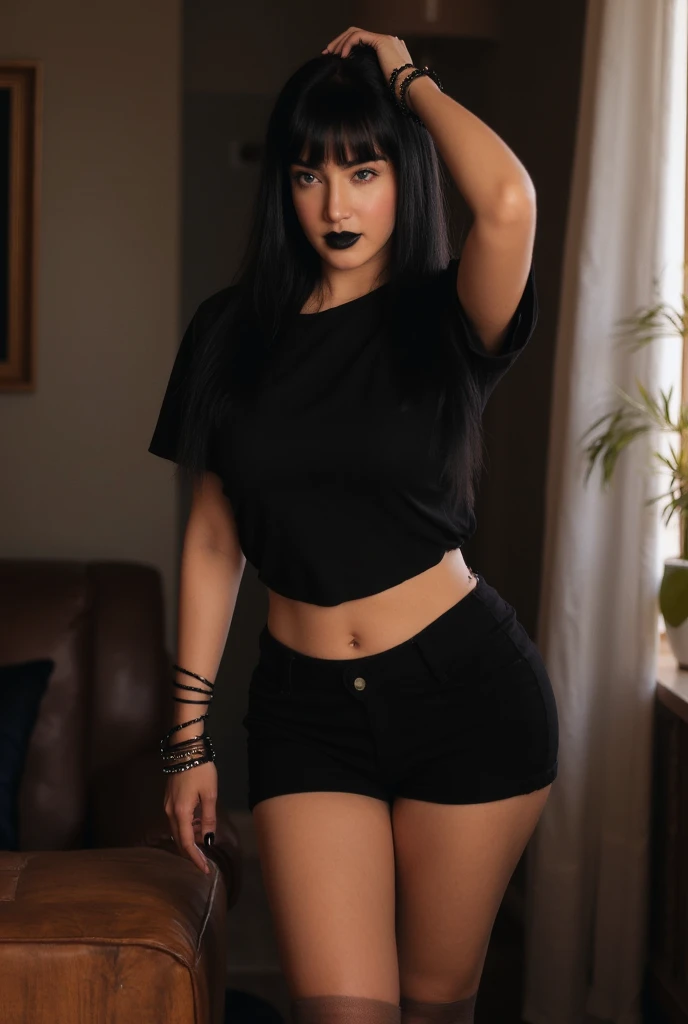 latino sexy girl hermoso rostro angelical , Retrato de cara, Cara hermosa, sonriente, ((purple lipstick)), ((Maquillaje muy intenso)), cabello negro, cabello platinado en las puntas, cabello ondulado, vestido negro corto, Minifalda negra, Super neckline, Botas altas rosas, Mujer voluptuosa, de frente cuerpo entero hermoso, ropa a la moda,jean sexi masturbandose