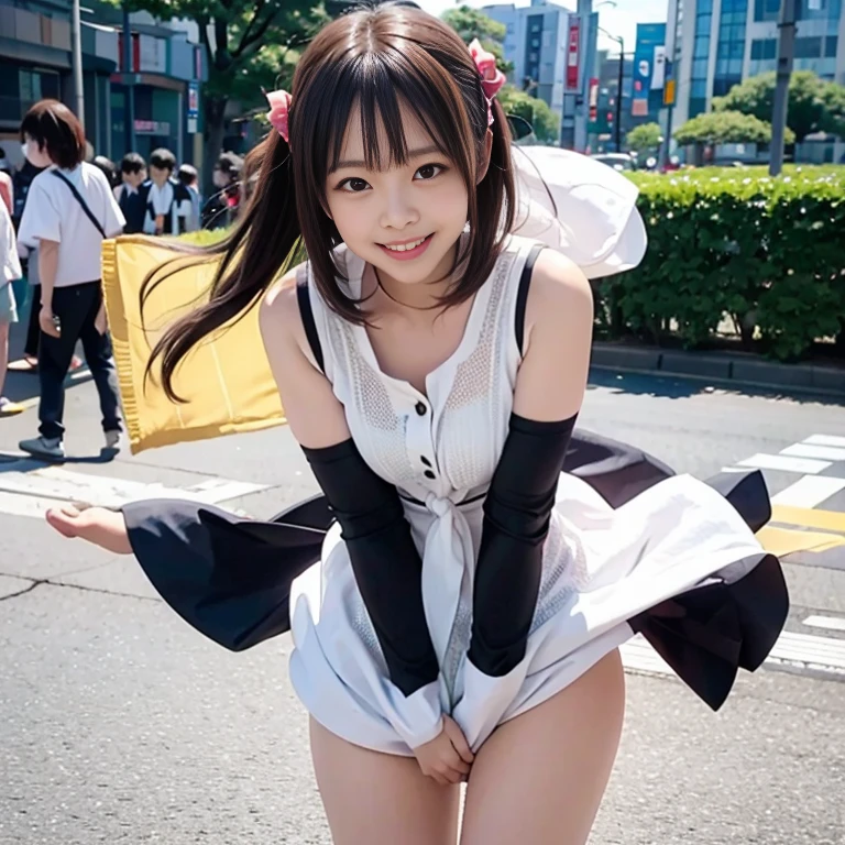 A 20-year-old maid with a cute face like an idol Smiling Kindly Japanese maid cafe outfit Maid clothes mini skirt Cosplay Cleavage Medium bust Squatting on the sidewalk Panties are clearly visible RAW Photos Genuine Genuine Real Stick High resolution RAW Photos