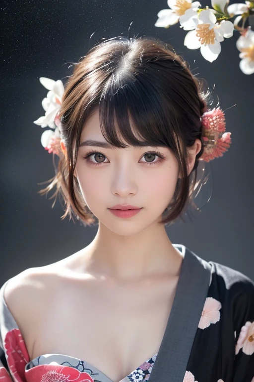One girl, alone, looking at the viewer, modern Japanese hairstyle, brown eyes, brown, hair accessory, upper body, kimono, blunt bangs, kimono, Japanese hairstyle, bob cut, bare shoulders, big breasts, cleavage, bewitching, sexy, erotic,
