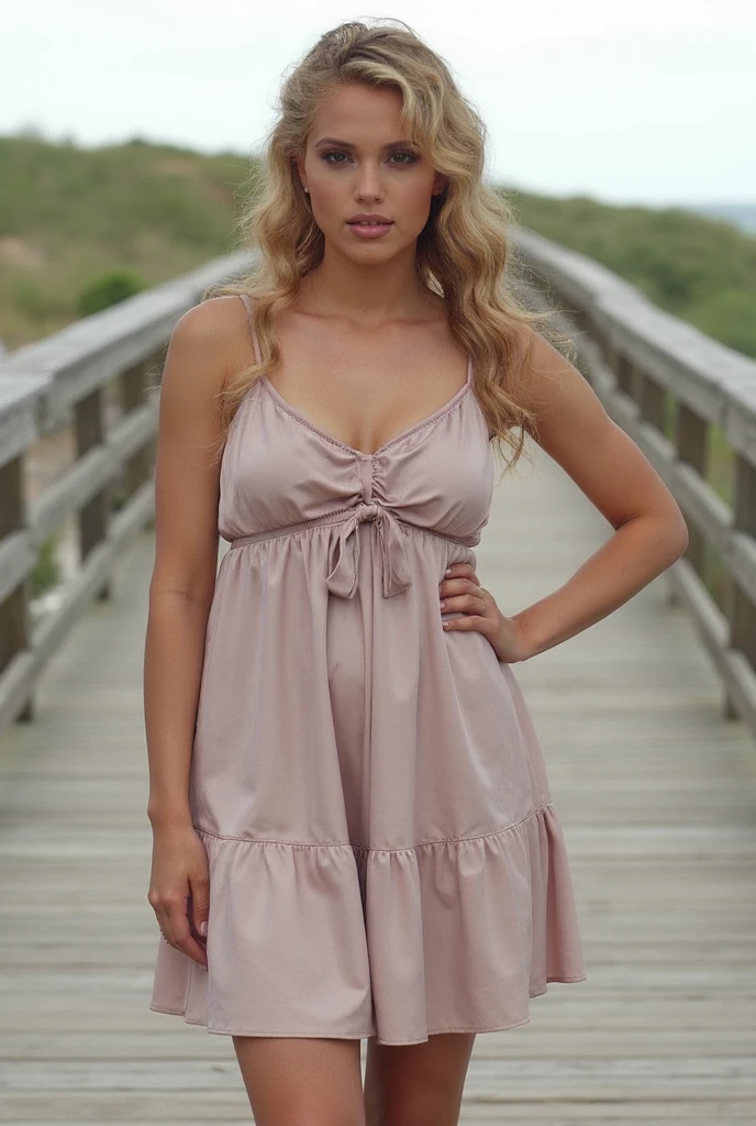   (RAW Photo, Best Quality), (Realistic, Photo Realistic: 1.3), Best Quality, Highly Detailed, Masterpiece, Hyperdetail, Realistic photo shot, realistic photo of a   actress , makeup,  ,  blonde body wavy hair , ((    , Cami Ruffled Pleated Dress )), board walk, modeling , (((full body )))