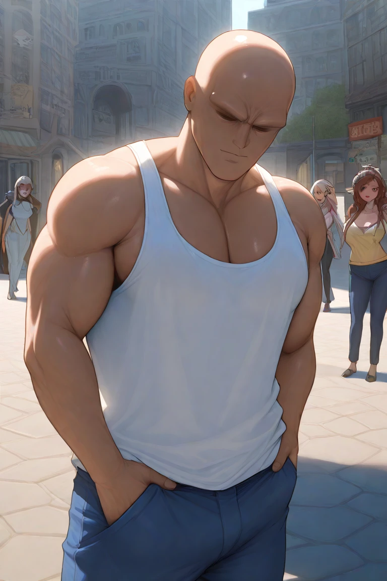 Full male athlete picture, Standing in the center court of the gym, He wears a high-end transparent white tight-fitting sportswear, The man looks confident and determined, sunshine, big breasts cheerful, Good-looking, Crew cut, full bodyesbian, shooting from below,