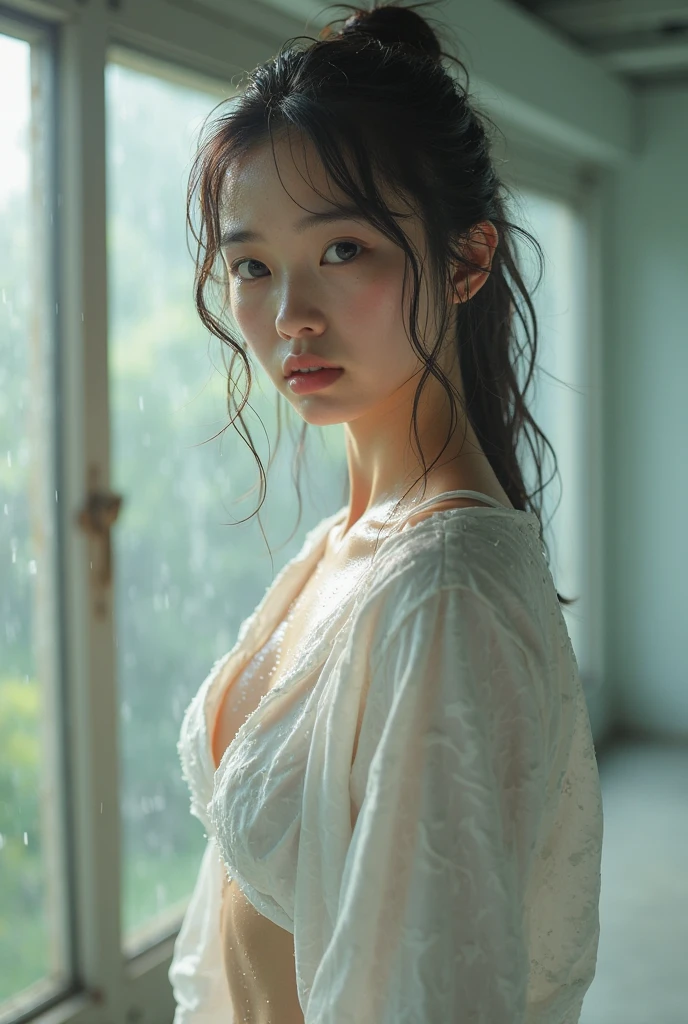 ((top quality, 8k, masterpiece: 1.3)), women (full body portrait, front, babydoll wearing, wet clothes, big breasts, cleavage),beach fire, dancing pose, night, overhead camera, sharp focus: 1.2, cute women: 1.4, (((hairstyle random)), wet hair, very detailed face and skin and hair texture, detailed eyes, double eyelids, white skin, beautiful delicate nose, Cute young Japan woman, 28 years old, at a dynamic angle, is pleasing to the eye and suggestive composition, emphasizing the subject's hair, eyes, mouth and action, while exuding melancholy emotions characterized by a contrasting mix of muted tones and light and shadow,