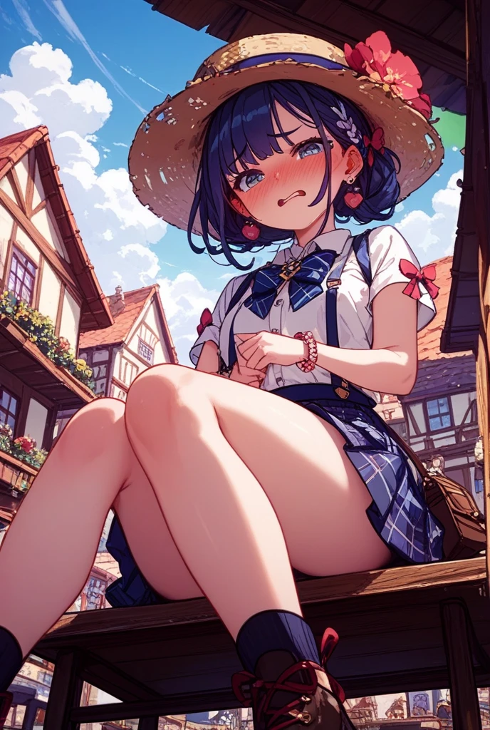 Highest quality、High resolution、Detailed Background、(Beautiful face in every detail:1.4)、Highly detailed face、(Detailed eyes:1.3)、Teenage beauty、Anatomically correct、Normal number of fingers、(Huge breasts:1.2)、Attractive thighs、Perfect body line、Braided bob cut、ponytail、Braided twin tails、Shiny navy blue sailor suit、White sailor collar、Checkered pleated skirt、White Stockings、No sleeve、Show your side、Cute gestures、Look at me with cold eyes、Panty shot、(underboob:1.3)、(A girl squatting with a landmark in the background:1.5)、Shoot from below、Tower of London、Buckingham Palace、cute