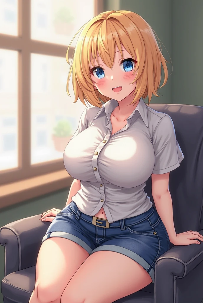 1girl, dog ears, large breasts, breasts, wide hips, white shirt, blonde hair, very short hair, dog tail, light smile, blue eyes, jeans, pants, belt, impossible clothes, spread legs, squating, orange sleeves, long sleeves
