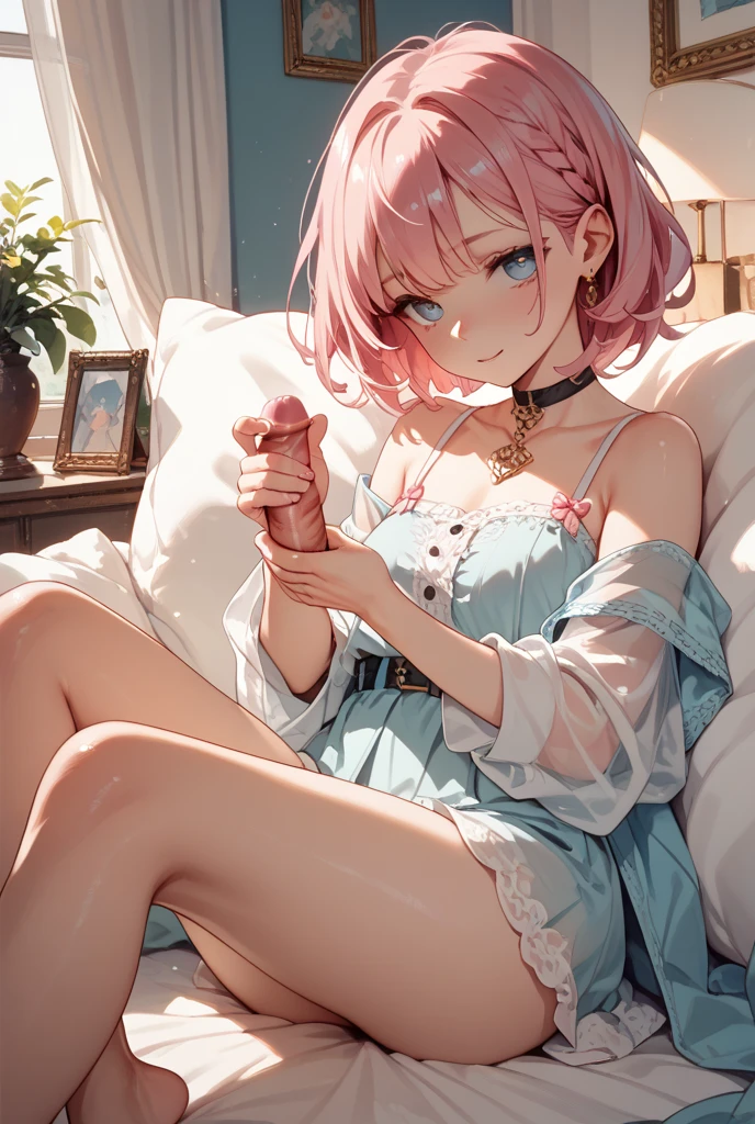 (Best Quality, 4K, 8K, hight resolution, masutepiece:1.2), Pink hair、bobhair、her breasts are beautiful and big。standing on tiptoe on a small chair。Place your feet on the chair。Stand with your knees apart。hands hold a chair。short socks and miniskirt。white panties and sexy bra。Blindfolded, hands tied to a chair。pink hair, crop top, denim shorts, bedroom, striped thighhighs,lying on bed, pink years, milk, all over is milk, cat milk , hands are down, sexy pose, mill everywhere, spreading all over,sexy pose, milk, milk, milk, spleat, cat years, pink, milk drops, milk over her mouth, milk