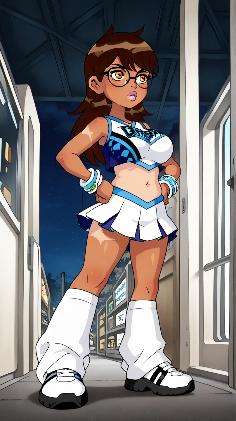 nagatoro hayase, hair ornament, brown eyes, hairclip, (dark skin):1.3, black hair, (gyaru bimbo), thin toned body, long legs, thick thighs, big butt, narrow waist, wide hips, beautiful detailed face, detailed body, detailed eyes, (long holographic skirt, neon bathsuit)