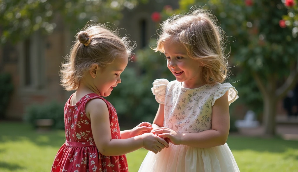 A girl in a dress plays with her little sister