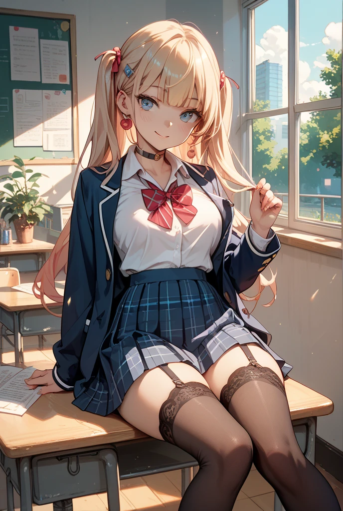 Dynamic posing, dynamic angle, Arrange pose,Top quality work,Show Legs,(short golden hair),(golden eyes), lovely red lips, Rose cheeks, Pretty Face, A perfectly proportioned face, school shirt with red bow and black skirt, (school uniform), white stockings,in classroom,full-body view, amazing, Large round chest、Beautiful eye details、Beautiful eyelashes、beautiful double eyelid, with blush cheeks, talking to viewer