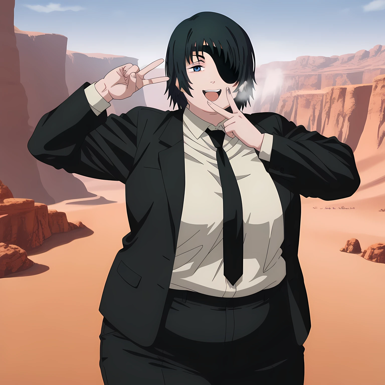 masterpiece, best quality, amazing quality,,  himeno, himeno (chainsaw man), short hair, black hair, blue eyes, eyepatch, mature female, breasts, anime screencap, shirt, long sleeves, jacket, white shirt, necktie, collared shirt, pants, black jacket, black pants, formal, suit, black necktie, shirt tucked in, office lady,, v, v over mouth, smug,, canyon, cliffs, desert, rocky, open, cowboy shot, solo, looking at viewer fat, chubby, obese, gigantic arms and legs, large breasts open mouth, out of breath