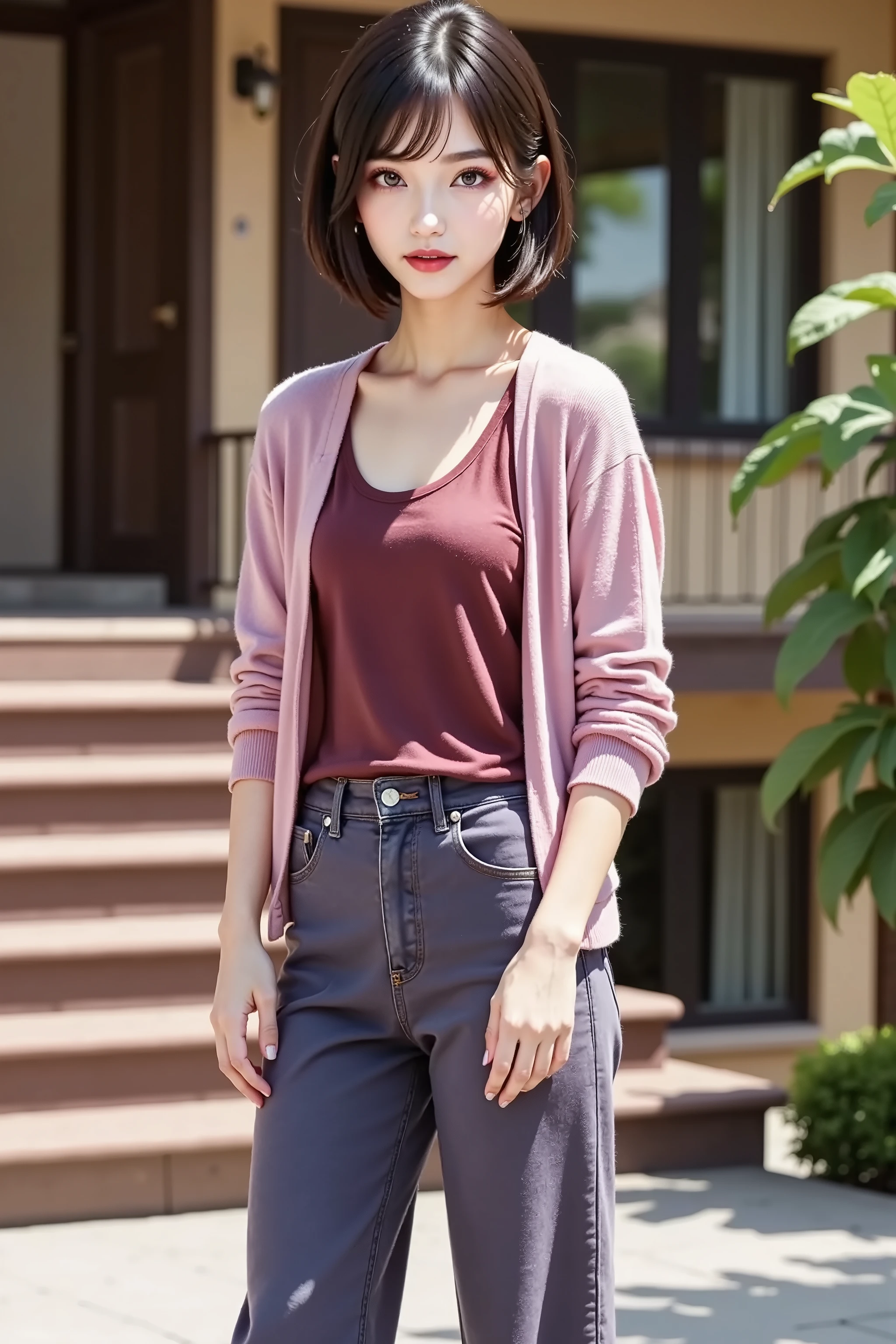 (Full Body 1.5), underpants:Deep purple、 denim 、wide, Tees:red bean、Half sleeve , cardigan: with collar、numb、long sleeve、Pink 、put on、, In front of the stairs, short hair, long slant near the stairs, Foxy face, sandals