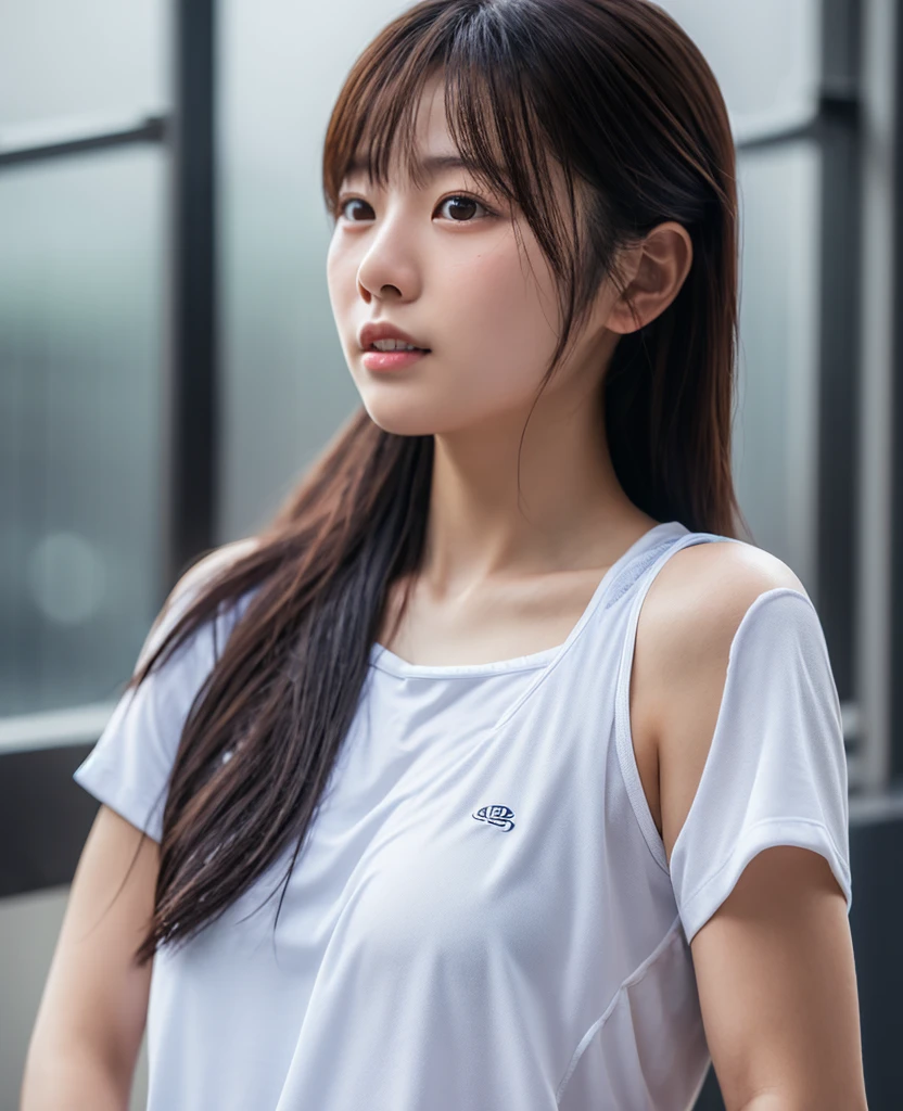 This Photo Consists Of  Women, Beautiful, Cutes, Baby Face, 15 Years Old, White Skin, Muscles, Athletic, Girly, Long Ponytails, Gradient Coloured Hair with Bangs, Sexy Look, Masterpiece, Adorable, Posing Because She knows She Will be Photographed, Beautiful Large Eye, Dramatic Vintage Lighting, tmasterpiece，top Quority，（realisticlying，realisticlying：1.4），（RAW photos：1.2），Very delicate CG Unity 8K wallpaper，very delicate beautiful，Wonderful，Boxing pose，The attention to detail，offcial art，absurderes，Incredibly Ridiculous res，hugefilesize，Very fine，very refined，Beautiful eyes and face，Beautiful exquisite eyes，light in face，one-girl，short detailed hair，（pompons）nabel，A half body，PE uniform short sleeve crop top T-shirt， boxing gloves， Bare arms， By bangs， Boxing gym， Boxing ring