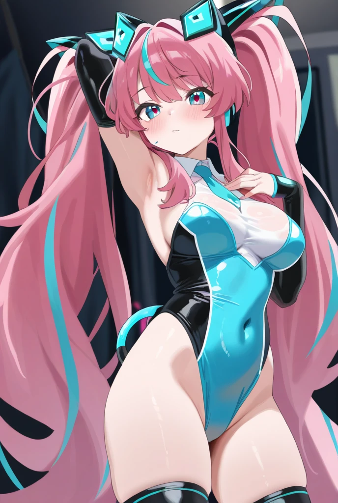 ((​masterpiece、top-quality:1.5、a high chroma:1.5、ultra-detailliert、high-resolution illustrations:1.5、Ultra-high-definition CG、8k size wallpaper、offcial art))、(1girl,),(erotic cute face:1.5,cute eyes:1.5)、(clear face:1.3)、(sexy body),(),(erotic pink latex suit),(fluorescence multicolored hair:1.5), (large breasts:1.3)、Plump:1.3、
,(Glossy costumes),()、(cowboy shot:1.5)、rainbow-colored hair、(outer space)
