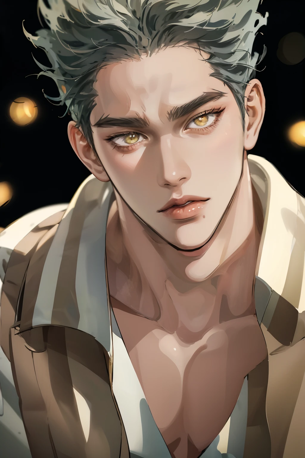 Realistic,photorealistic,HDR,ultra high definition,studio lighting,ultra detailed description,professional ,bright color,flour,One Punch Man,yellow eyes,gray hair,18 years old,man,177cm,black chewy polar that reveals the body,white dojo pants,Dojo strap,full body high definition,masterpiece,Extremely Detailed,Bokeh,golden eyes
Full body
