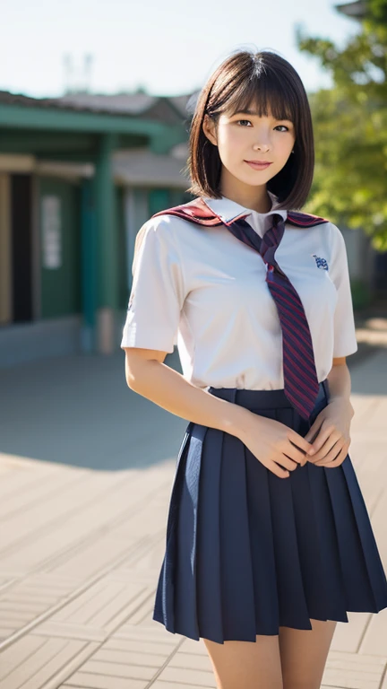(masterpiece, highest quality:1.2), 8k, 12才のfull nudeの女の子, 85mm,Official AR RAW photo, スーパースリムなスレンダーbeautiful girl, (When I lift up my short navy blue skirt、下Half bodyfull nude、short sleeveの白シャツ、show me your ears、naked girl photoshoot、full nude, cute face, close, Half body, Biolace, gardenia, beautiful girl, school uniform,  Bind your neck with a rope, thighs, short sleeve, stand on the station platform, looking at the viewer, no makeup, (big smile), film grain, chromatic aberration, sharp focus, face light, clear lighting, Ten generations, detailed face, background bokeh, (dark red tie:1.1)、((((((12 year old girl))))))、((((((12才のfull nude女子高生)))))、thin waist、Lowered from the top of the front