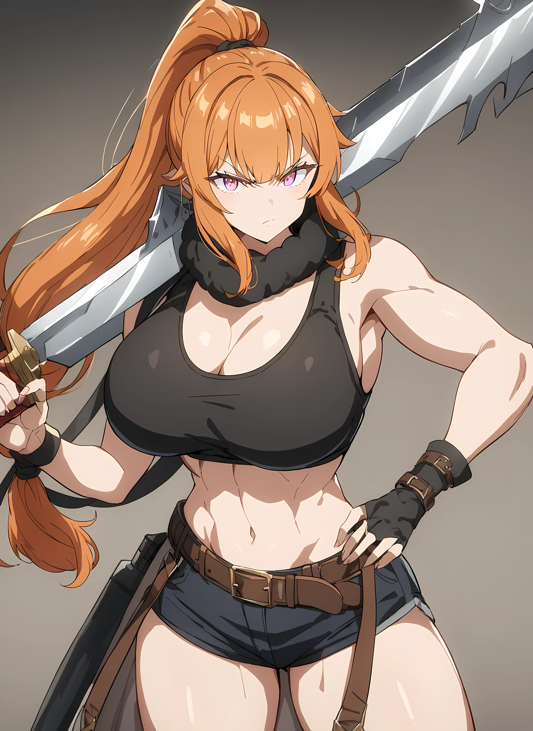 Masterpiece, anime, 1girl, solo, Orange hair, best quality , very aesthetic, absurdres,4k, standing And carring a broadswordsword, serious expression , Anime style, detailed bangs, baddass, serious, looking at the viewer, hair tied in a ponytail , buxom, Huge Bosom, serious, determined face, muffler on neck , black tank top bra (Top), (She's Wearing Only a Black tank top bra+short shorts With belt+muffler on her neck), navel, belt, short shorts, detailed eyes , pink eyes, orange hair long tied in a ponytail, holding a broadsword in her hand, leaning her broadsword in her shoulder, extreme Very Long ponytail.