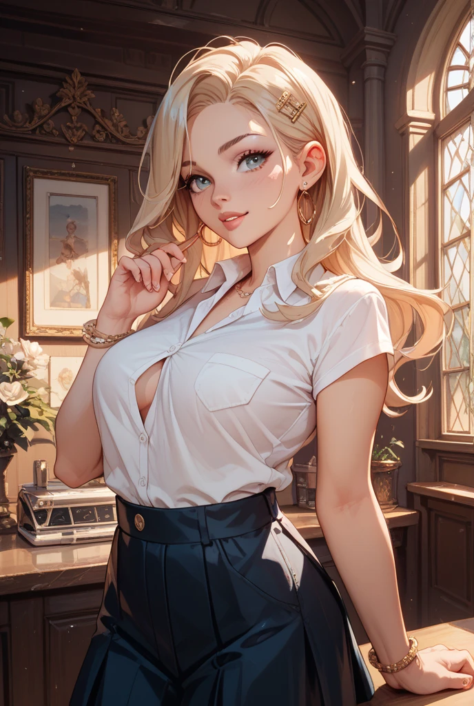 masterpiece, best quality, finely detailed, 1girl, (blonde), (bishoujo), cute, (green eyes), (eyelashes), (huge breasts), (cleavage), (white shirt:1.2), (open shirt), sitting on a sofa, lamp, window, night, delicate interior design,