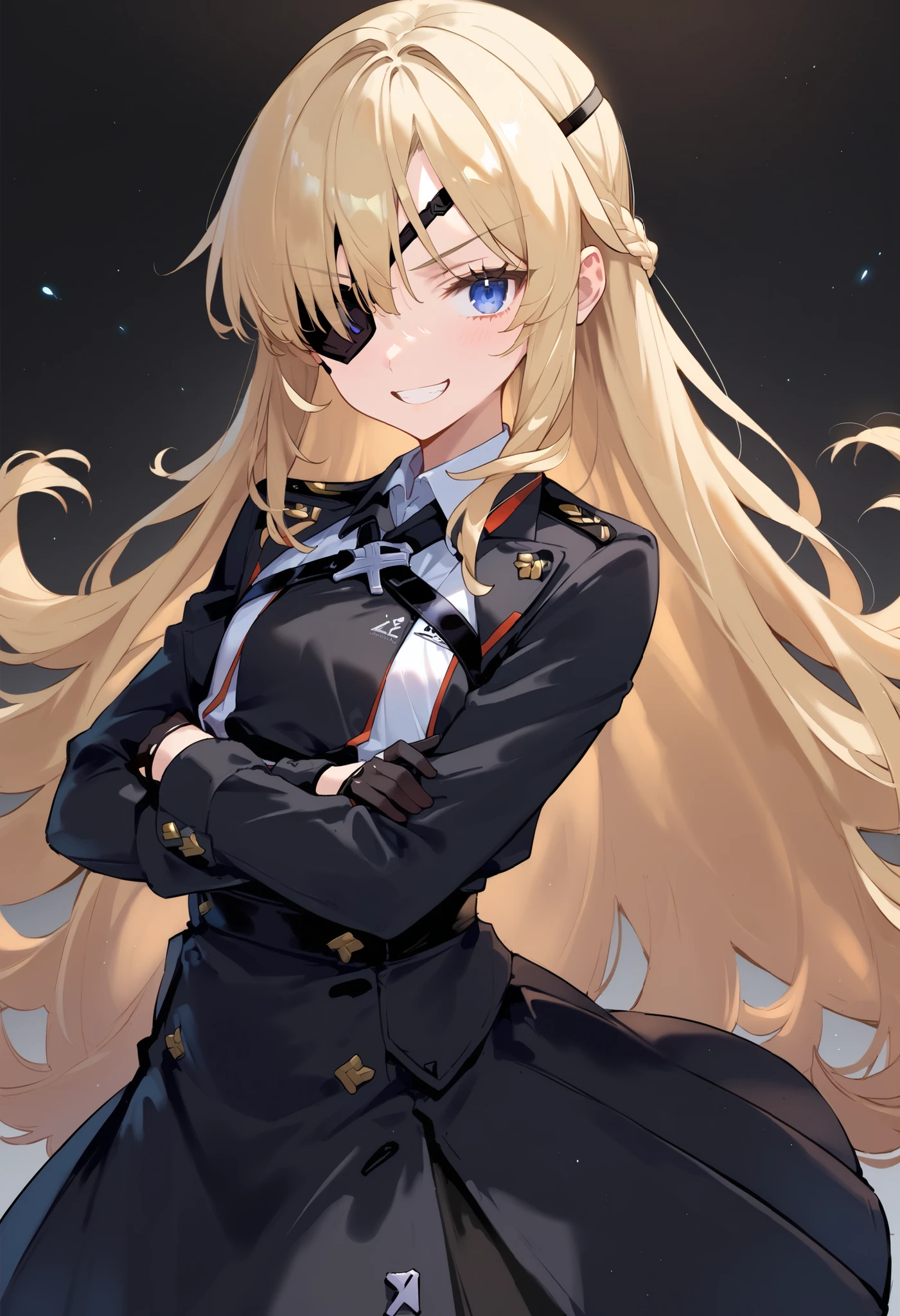 score_9, score_8_up, score_7_up, source_anime,dutch angle, absurdres,guillotineog_outfit, 1girl, eyepatch, flat-chested, solo, long hair,blue eyes, blonde hair, gloves, dress, shoes, black gloves, socks, uniform, black dress,upper body,grin,stylish pose,open stance,(x arms),