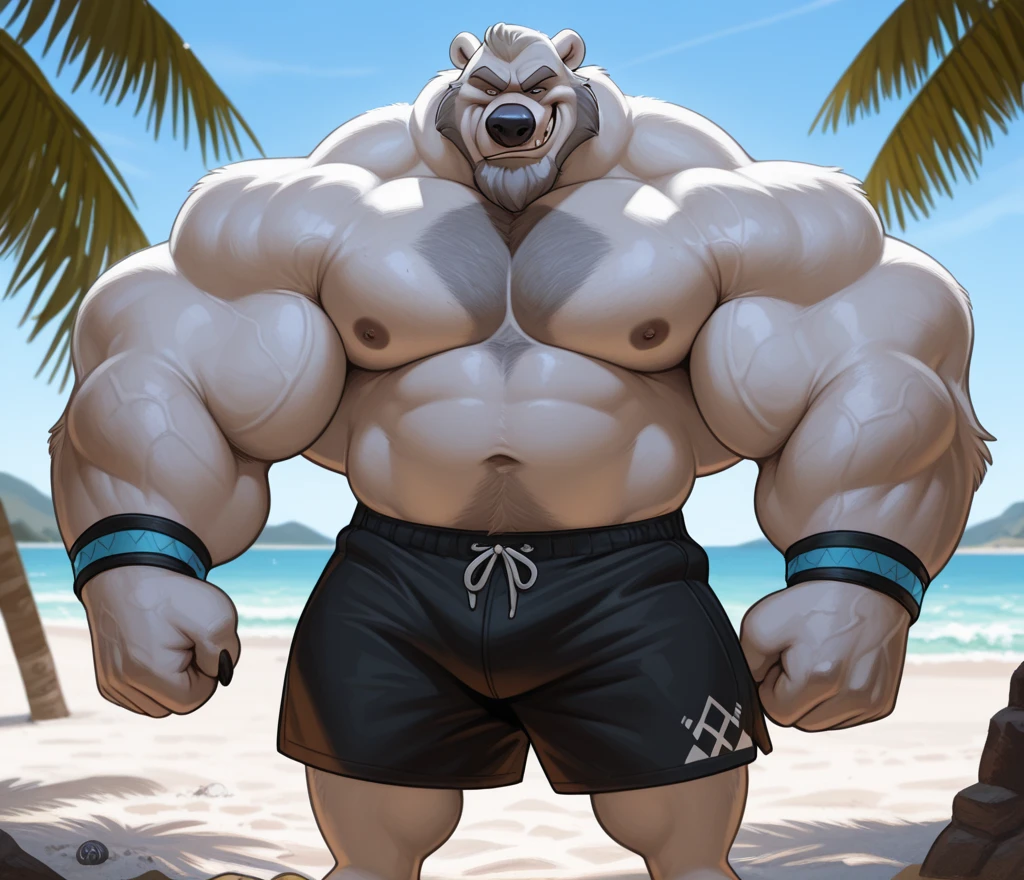 huge muscular polar bear Dad in Tropical Beach, big smirk, polar bear, huge white fur, thick arm, huge arm, bearded. Short white hair and white beard, white mustache, bearded white, (muscular, pectoral, wide pectoral, thick arms), correct anatomy, beach, palm, realistic, detailed grey eyebrows, deatiled eyes with blue pupils, 8k, masterpiece, (wearing black shorts, wristband, watch and shirtless), straining, gainig massive muscle power