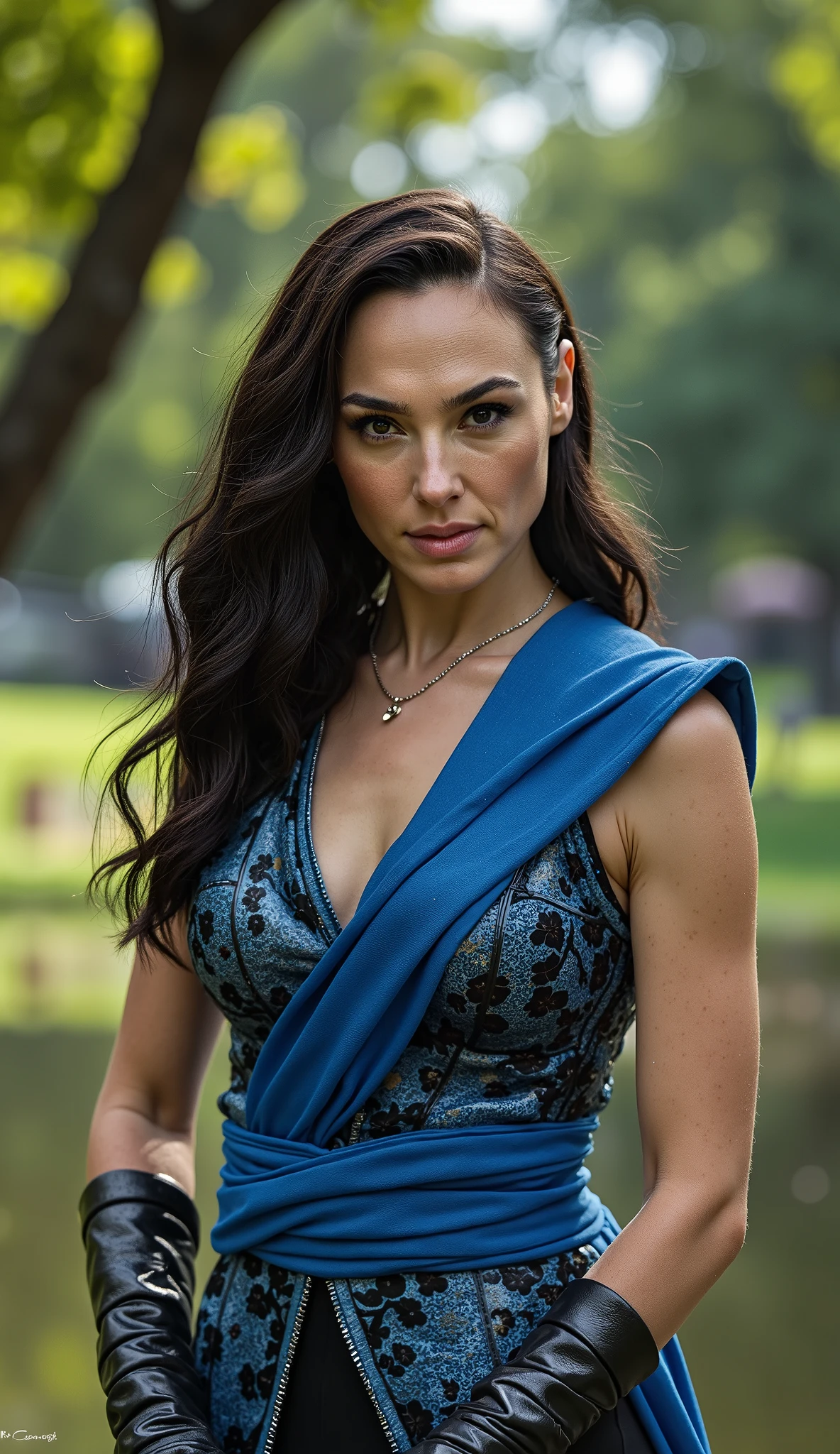 Make Gal Gadot hyperrealistic dressed as Kitana from Mortal Kombat in blue and with her sharp-pointed fan in a hyper-realistic park, upper body, em 8k