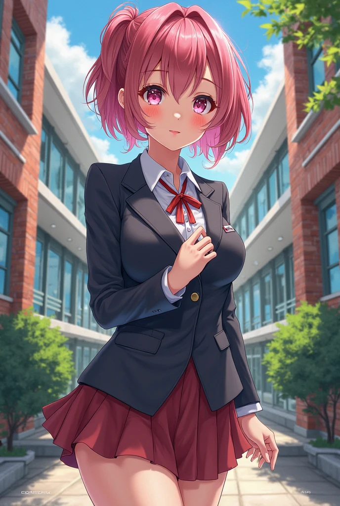 <lora:more_details:0.5>, <lora:karane-hakari-09:0.7> , hakari_wz, pink hair, medium hair,hair ornament, hair flower, green eyes,school uniform, black skirt, miniskirt, pleated skirt, black jacket, white shirt,collared shirt, long sleeves, neck ribbon,ribbon, thighs, large breasts, cherry blossoms, tree, :), light blush, wind, beautiful, 1girl, (masterpiece:1.3), (high resolution), (8K), (extremely detailed), (4k), (pixiv), perfect face, nice eyes and face, (best quality), (super detailed), detailed face and eyes, (solo), textured skin, absurdres, highres