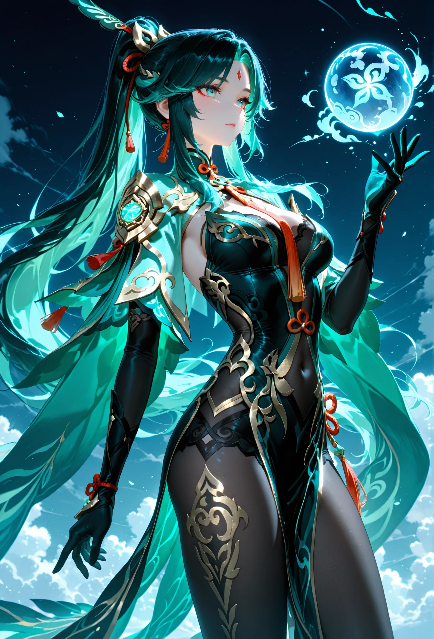 Elfenritter, (floating_long_balck hair:1.3), (detailled eyes:1.5), beauty face, Cool atmosphere, vogue_voguell_Pose, glowing glyphs, Graphit, Gold, unique, Consideration, detailed texture, detailed pattern, (glowing aura:1.2), Fantasies, fantastic, sharp, Rainbow Crystals, Sturmaura, floating:1.4, ((lila Aura, Green aura)), shine:1.3, (((looking viewer))), perfect Anatomy, (tall Body, beauty Body), (chuppy Body:1.4), (large_breasts:1.3), badass_Girl, ((revealing clothing)), nijistyle, Green_glowing, full_Body, golden+purple  clothes, stilfull, (​masterpiece:1.2), (best quality), 4K, Ultra-detail, (Dynamic Composition: 1.4), Layout graphics, (Bright lighting, stimmungsfulle Beleuchtung), Final-Fantasy-Stil, magical, ((glove full hands)), Fran, Believe, helmet, revealing clothing, vambraces, Armored legwear, High Heels, (((perfect_Anatomy:1.4))