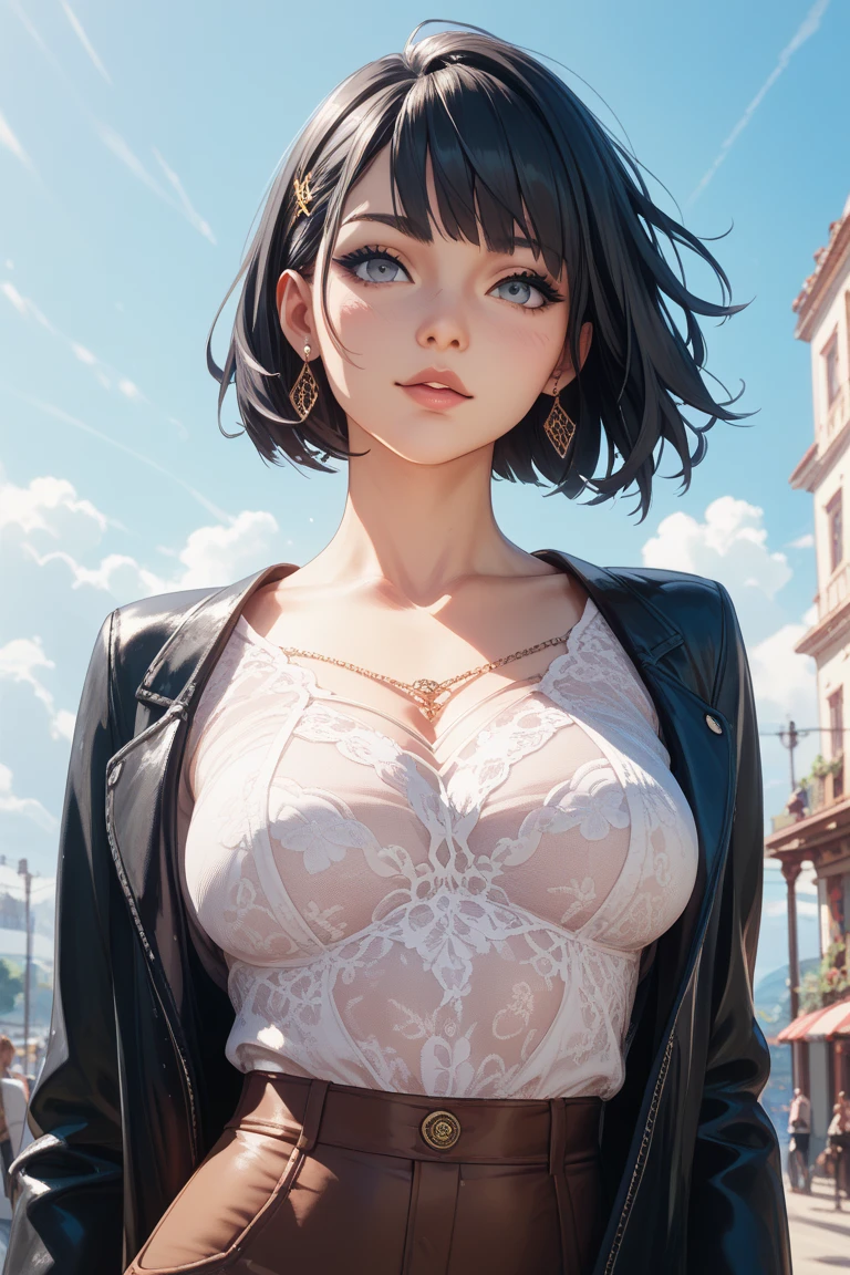 A stunning and captivating illustration by a top artist, featuring an attractive woman with a perfect body that is both slim and voluptuous, showcasing her busty figure. She has dark, wavy hair tucked behind her ear, adorned with a delicate hairband. Her attire is a fashionable designer blouse with an intricate design and a flowing skirt. The portrait is set against the backdrop of city streets, with modern architecture and soft, warm lighting. The woman exudes confidence and charm with her soft smile and big, gorgeous eyes, making her a true fashion icon in this realistic and anime-inspired artwork., anime, fashion, architecture, portrait photography