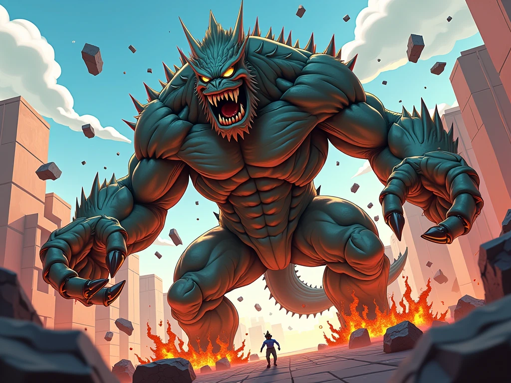 furry growth, hyper growth, hyper muscles, godzilla, shirtless, white shorts, muscular, destroying a city by spitting fire