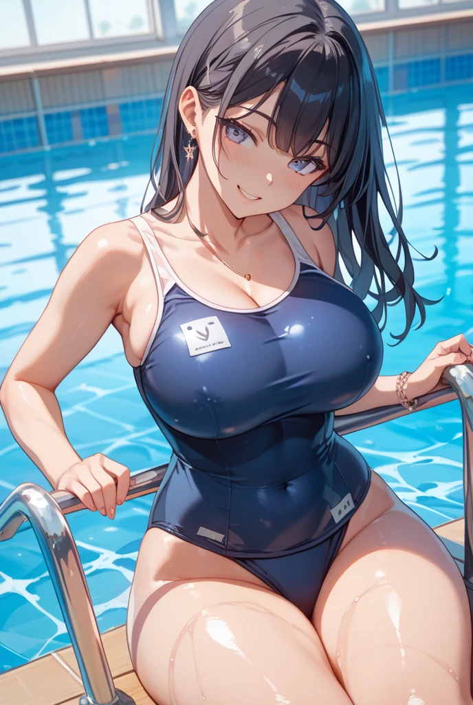 beautiful girl、high school girl、Wet black hair、Shy expression、blush、Navy blue school swimsuit、big breast body shape、Very huge bust、Japan School Pool、Water Drop、Wet Skin、Wet swimsuit、