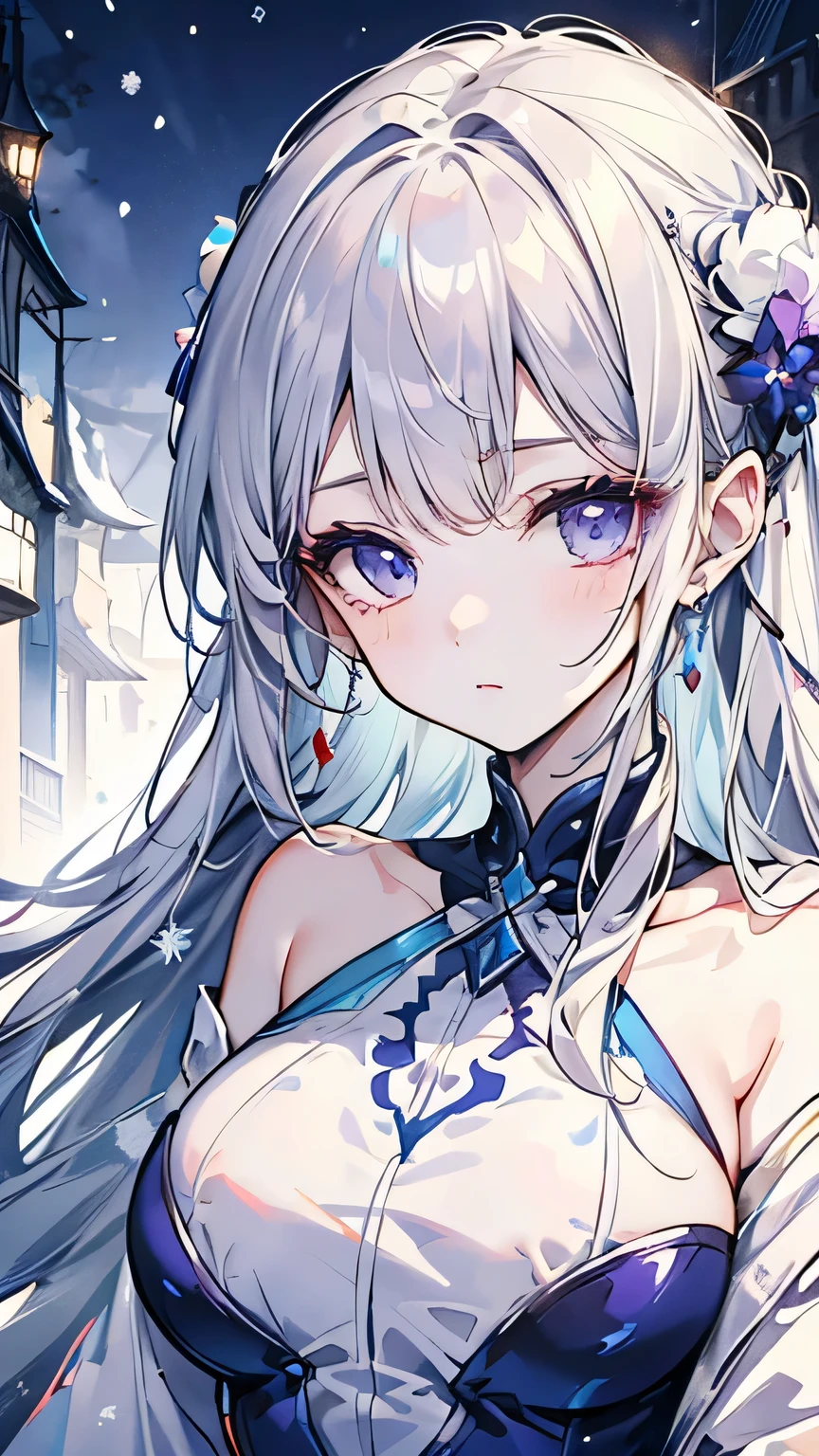 (Highest quality, 8k, 32K, masterpiece, Ultra-high resolution,:1.2),to be born, One Girl,So cute , hair ornaments, eye, Multicolored Hair, silver hair, 銀色のFantasy背景, clear, 輝くeye, Age 25 ,Fair skin, Girl with silver hair, Long Hair, Innocenceな笑顔, Large Breasts, Fantasy, Innocence, Japanese Town, night