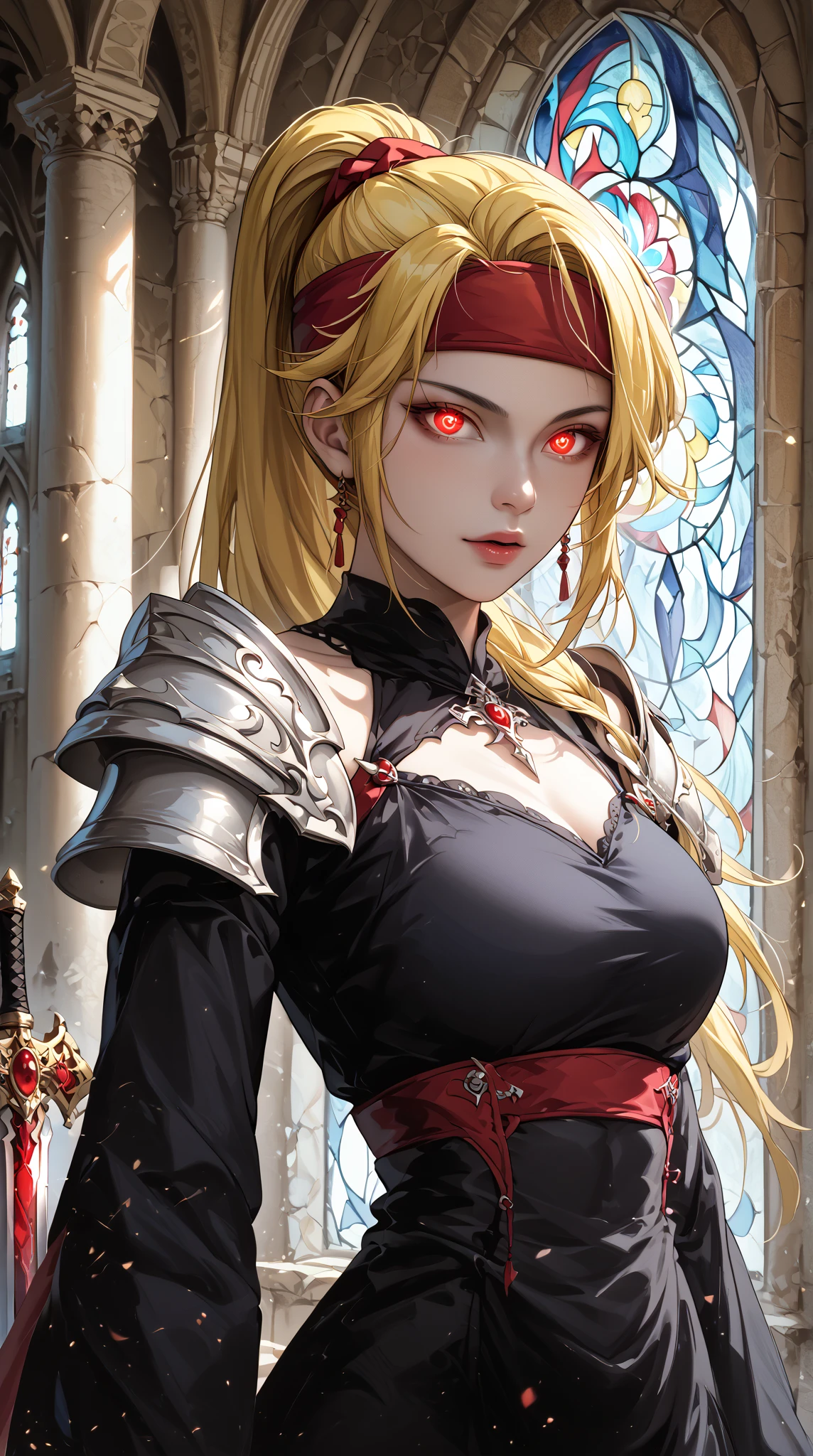 pale young divine gothic priestess, twintails, pure white skin, rust decay, Beautiful full body symmetrical portrait, Delicate blonde hairstyle, crimson eyes, dark red elegant gothic armor, encrusted with red gems, dark cathedral, masterpiece, Highest image quality, super detailing, upscaled, art by Zdzislaw Beksinski, art by H.R. Giger, absurdres, highres, (official art, beautiful and aesthetic:1.2), real, 4k, 8k,