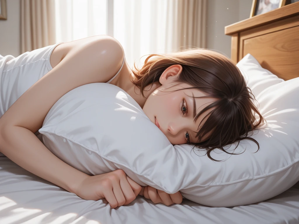 A woman sleeping with her eyes closed wearing underwear on a pillow by a rainy window