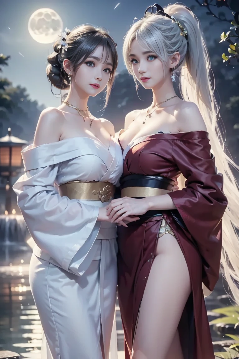 (legs wide open, crotch wide open), (cinematic light, top quality, 8K, masterpiece: 1.3), (world wonderful, goddess of Japan, Japan beautiful girl, Korean goddess), (upper body), (one girl), (necklace, bracelet, anklet, leg ring), (huge, cleavage, exposed breasts, sexy cleavage, highly detailed breasts), (huge breasts), (huge breasts), À la Fed woman in kimono, kimono, classic kimono, kimono, Japan kimono, long beautiful flowing kimono, intricate geisha kimono, white kimono with butterfly pattern, Japanese style, wearing kimono, legs open, crotch open, inspired by Kano Hōgai,