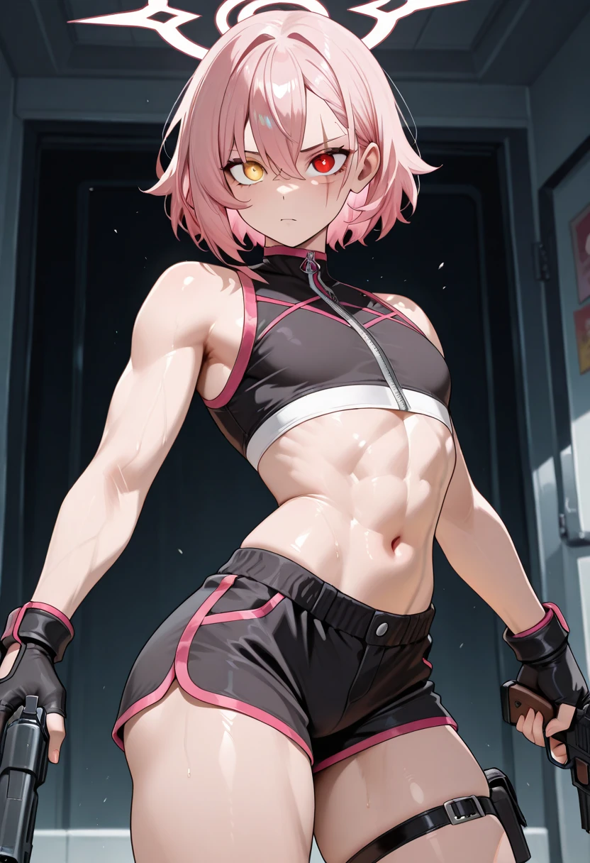 Astolfo, six-pack abs, arm muscles, Red sports bra, Red Sports Leggings, Short hair, Gym, perfect abs, six-pack abs, the perfect body,