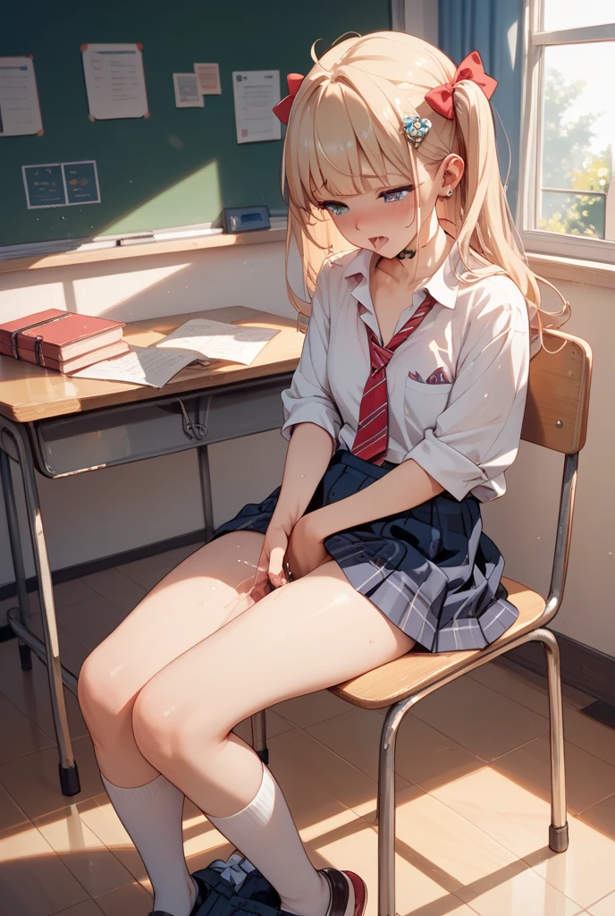 highest quality、masterpiece、1 girl、(dog ears)、(blush:1.5)、(smile:1.5)、((fun!!))、cute、(silver hair)、、high school girl、((classroom:1.5))、()、、Kamimei、look at me、(No panties:1.3)、((shaved pussy:1.5)), ((red bow tie, , black jacket, open jacket, white cardigan, white shirt, black skirt, plaid skirt、black socks))、 (No panties:1.3)、((shaved pussy:1.5))、(highly detailed closed labia:1.5)、((pee is coming out:1.8))、peeing、long hair、blue eyes