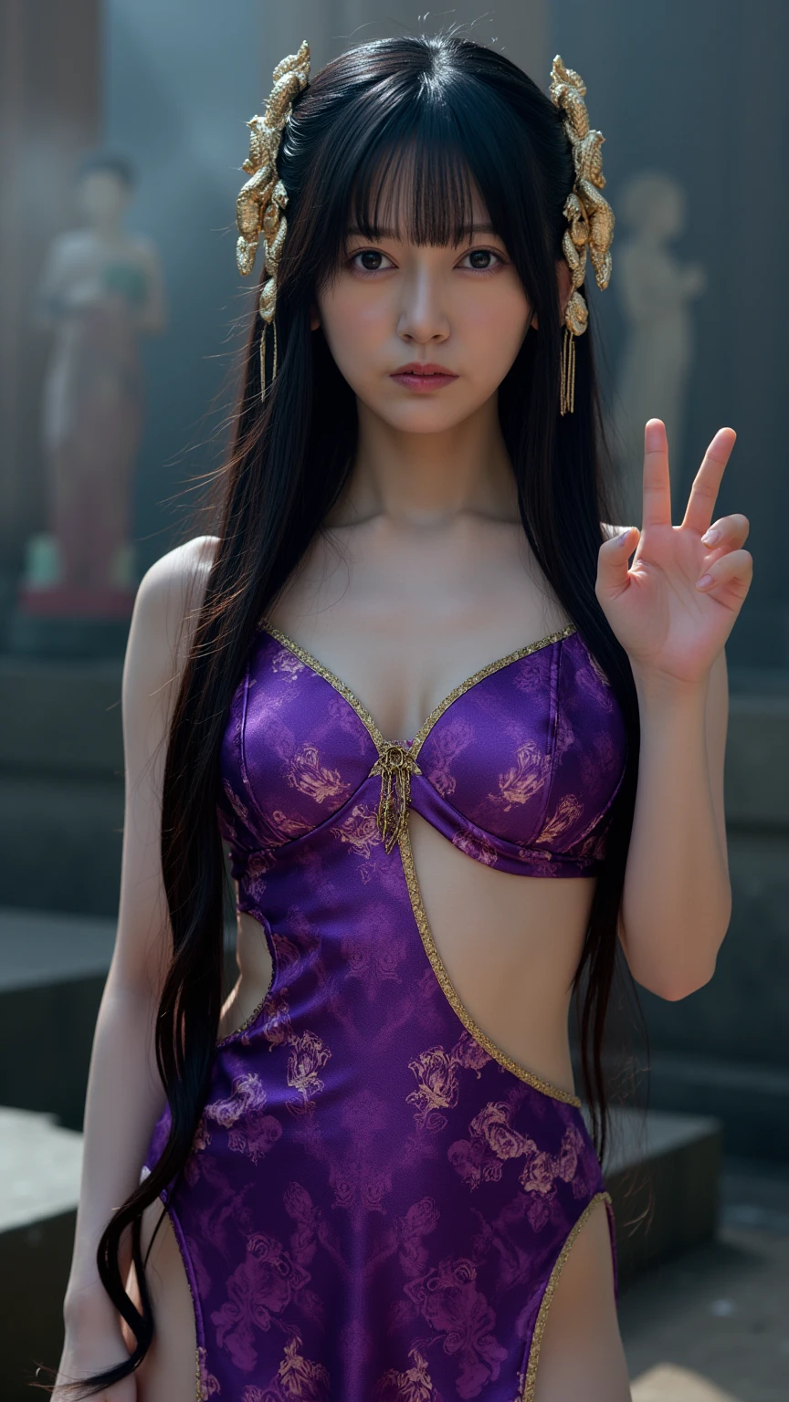 8k,豪華な紫色のQueenドレスと黒いマントを着てポーズをとるアラハドの女性, 巨乳のQueen,Super Beauty(Like the real thing),Sexy,Bright purple curly hair,Beautiful purple eyes,Purple Lipstick,rose flower headband,Gorgeous purple rapier,Very detailed artgerm, WLOP and Artgerm, Style Art Germ, in the Style Art Germ, Style: Ivan Talavera and Artgerm, As seen in ArtGerm, 8kの高品質で詳細なアート, ! Dream Art Germ,Sexyな衣装,Gaze to seduce the viewer,Cool smile,A purple and gold gauntlet on his arm,purple and black long skirt,compensate,Queen'The elegance of,Equipped with a thorn whip on the waist,Detailed Coat of Arms,Highest quality photorealistic RAW photos。Backlight、Cinema Lighting、Film Grain、50mm lens、Nikon D850、Ultra-Realistic Skin、Fantasy art、Character Art、Ultra-high resolution、muscular and slim body、Ultra-Realistic Skin、purple curl hair,