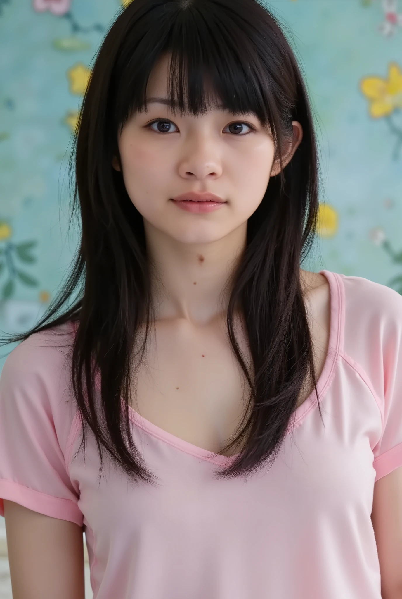nsfw, erect nipples, Big breasts, Naked, nude, embarrassed, blush, 16 kg, raw photo, top quality, masterpiece, realistic, photo-realistic, Elegant Short Bob in Sensual Poses, professional lighting, super high resolution, 1girl, stares at viewers, upper body, with bright crimson tips, 