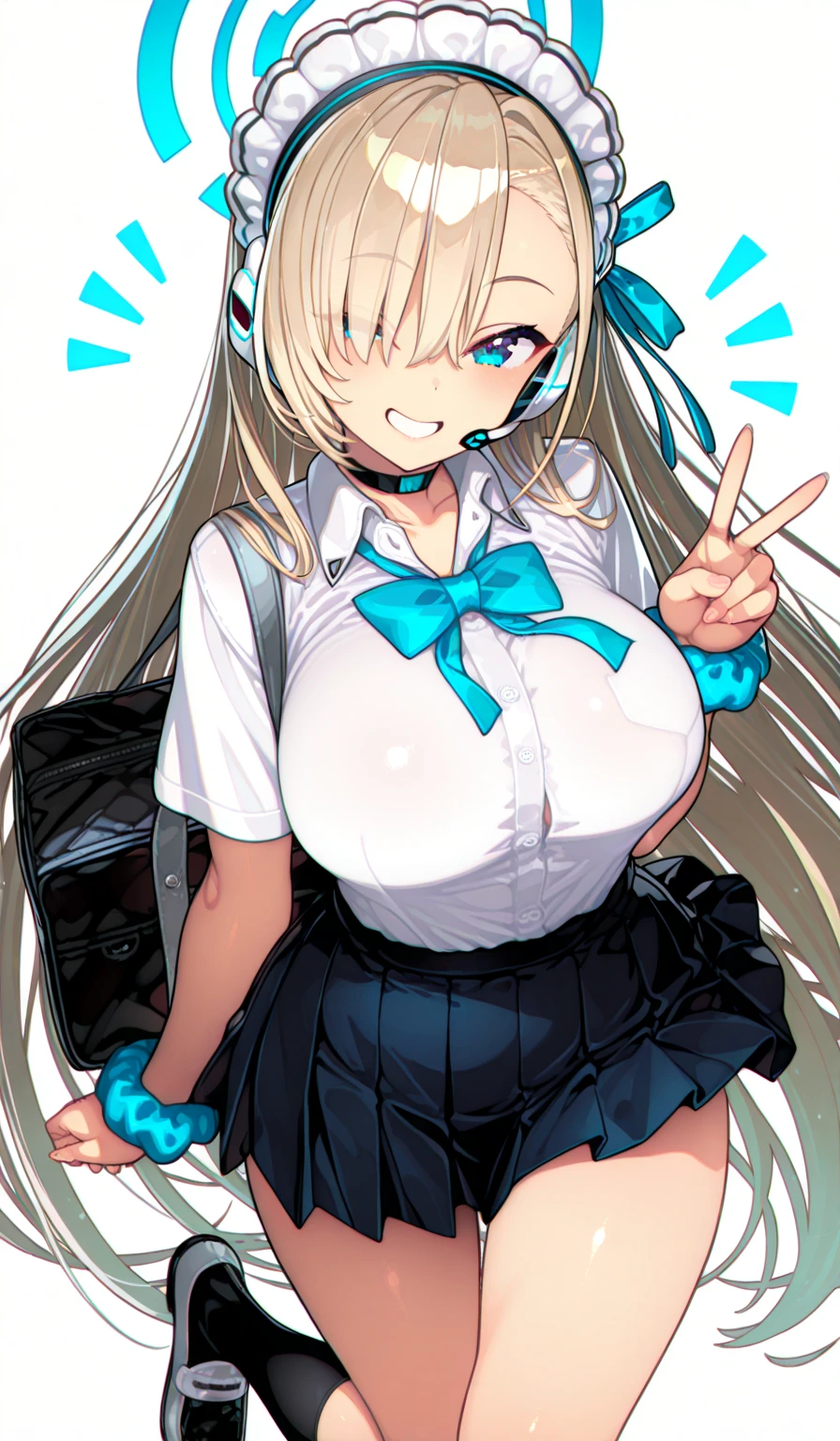 (A high resolution), (Ridiculous resources), (Best quality), (high high quality), (tmasterpiece), 1 plump girl, Asuna, eBlue eyes, Long gray hair, The halo, hair covering one eye, Very long hair, Light brown hair, (Large breasts, The cracks are relatively large), Latex high socks, Red latex stockings, praying hands logo, looking at viewert, 8K HD RTX, Delicate finger detailing,obscene exposure，Slim figure，