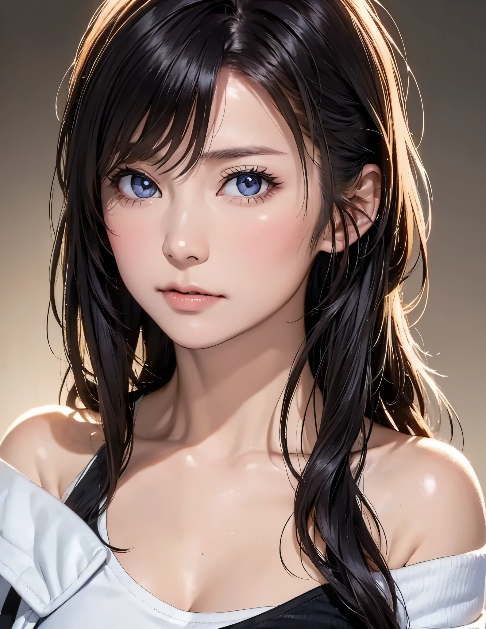 color photograph, ((a realistic photo of a beautiful girl)), (milalc), light, ((glowy skin)), looking_at_viewer, (fit body:1.0), ((large breasts)), long hair, detailed illustration, masterpiece, high quality, realistic, very detailed face, freckles, black hair, black shirt, looking straight into camera, long straight lift hair, dynamic pose, modelshoot: photoshoot, HD, high contrast, sharp image, mastery, mouth closed, balanced eyes, CG render, small skull, clavicle detail, (best quality detail: 1.2), realistic, 8K ultra-fine, high-quality texture, fine texture, fine detail, high detail, extremely detailed CG, high-quality shadows, beautiful and delicate eyes, beautiful woman, tall.