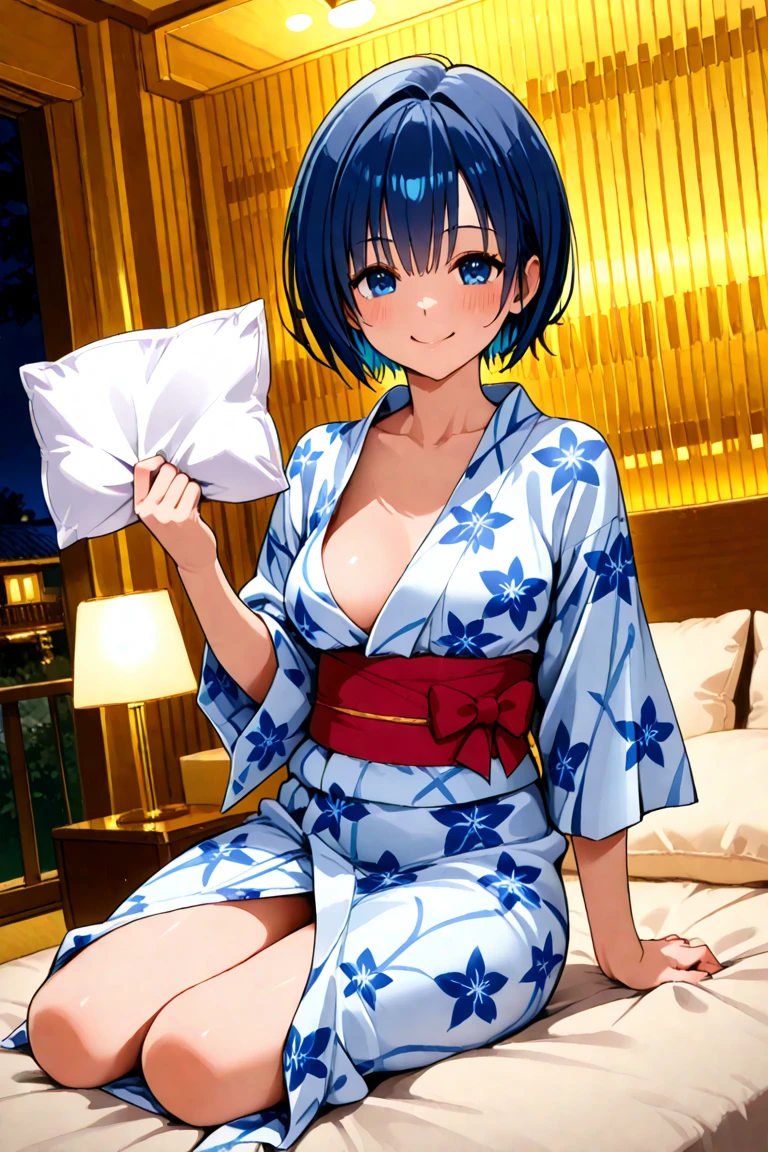 make a woman and cute with a full body of brown skin with brown eyes with a beautiful smile with short green hair and cat ears with a red white kimono with a slender body
