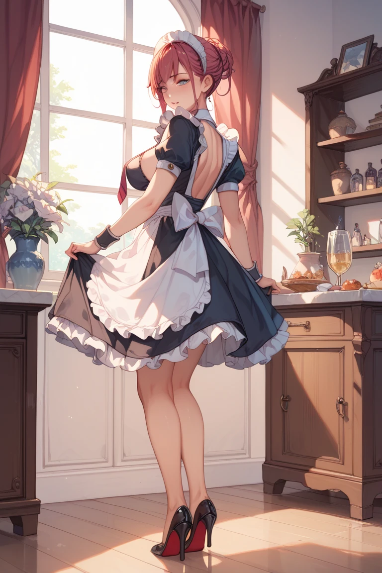 (best quality, masterpiece), (ultra high resolution, 8K RAW photo, photo realistics:1.5, cinematic lighting, textile shading, thin outline, clear focus:1.2), Beautuful Matured woman preparing tea_party in the garden, standing by the round table, serving a cup of tea, leaning forward, (meisen's tea set, tea pot, tea cups, some cakes on dish), delicate and classy French style white table with gold accents and royal_blue, (wearing white_brown maid uniform:1.5, breast cleavage, maid costume:1.2, long flare skirts, apron, bow ties on the chest), long tall sally, long legs, white hair, (wearing thin-flame glasses:1.2), (milf:1.5, 28 years old, solo), (large breast, sagging breast, big tits, narrow waist), full bodyesbian, (medium short white hair, hair over one eye, (updo hair:1.2), side lock, asymmetric hair, wavy hair), (fine bright pupils, high detailed eyes with highlight:1.3, high detailed face, Perfect face shape, eye rush), (seductitve smiling, half-closing eyes:1.2), (looking at viewers:1.3), (dutch angle, full body:0.3, from below:1.2), ((correct ???????:1.5, correct hands)), (ideal ratio of body proportions), (outdoor:1.2, grass field), 